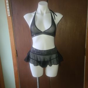 Sexy fishnet two peice bikini top skirt thong